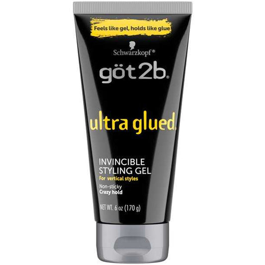 A black tube of Got2B Ultra Glued Invincible Styling Gel with black yellow and white labelling. This product is designed to style your hair in place all day.