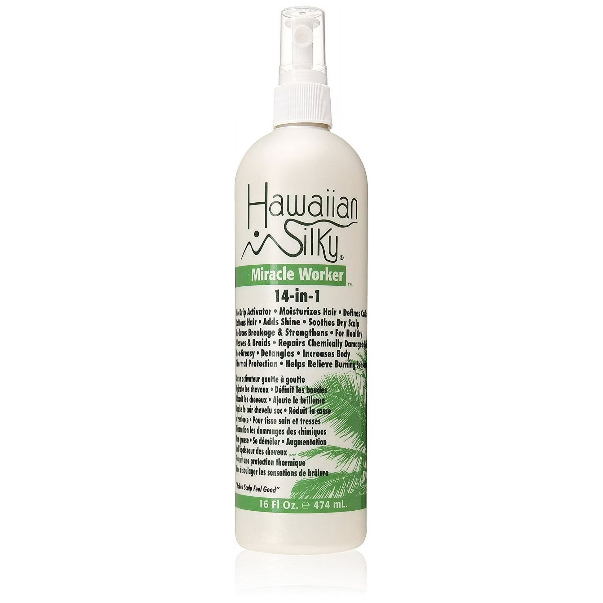 A bottle of Hawaiian Silky 14 in 1 Miracle Worker 16oz this product  

helps stop itching and dandruff
Cools and soothes scalp to help heal abrasions
Helps hair stay soft
Looks fresh all day
Non-greasy
Detangling
Leave-in Conditioner