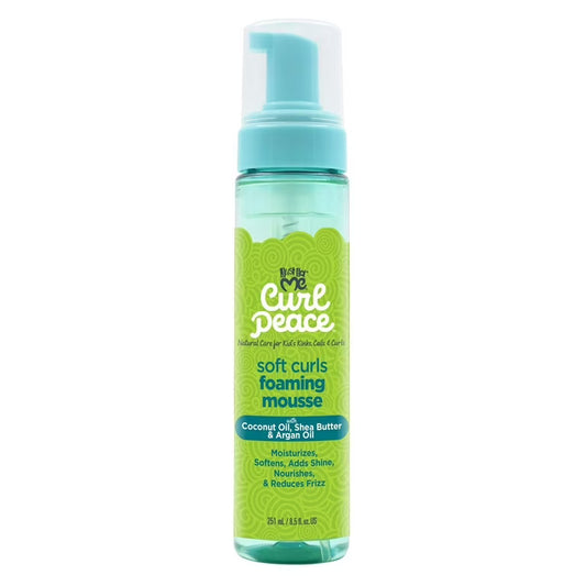 Just For Me's Curl Peace mousse moisturizes softens and adds shine. It also nourishes and reduces frizz. Contains coconut oil shea butter and argan oil.