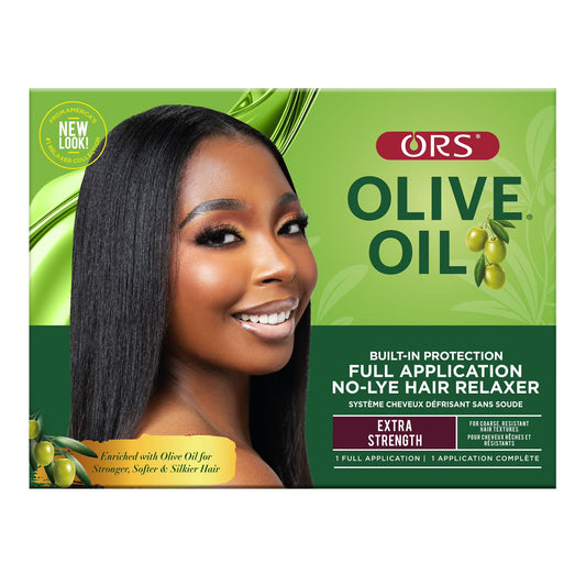 ORS Olive Oil No-Lye Hair Relaxer Extra Strength smoothing relaxer system designed to straighten tightly coiled hair textures, reduce frizz, and improve manageability while helping maintain moisture, softness, and a sleek, polished finish.