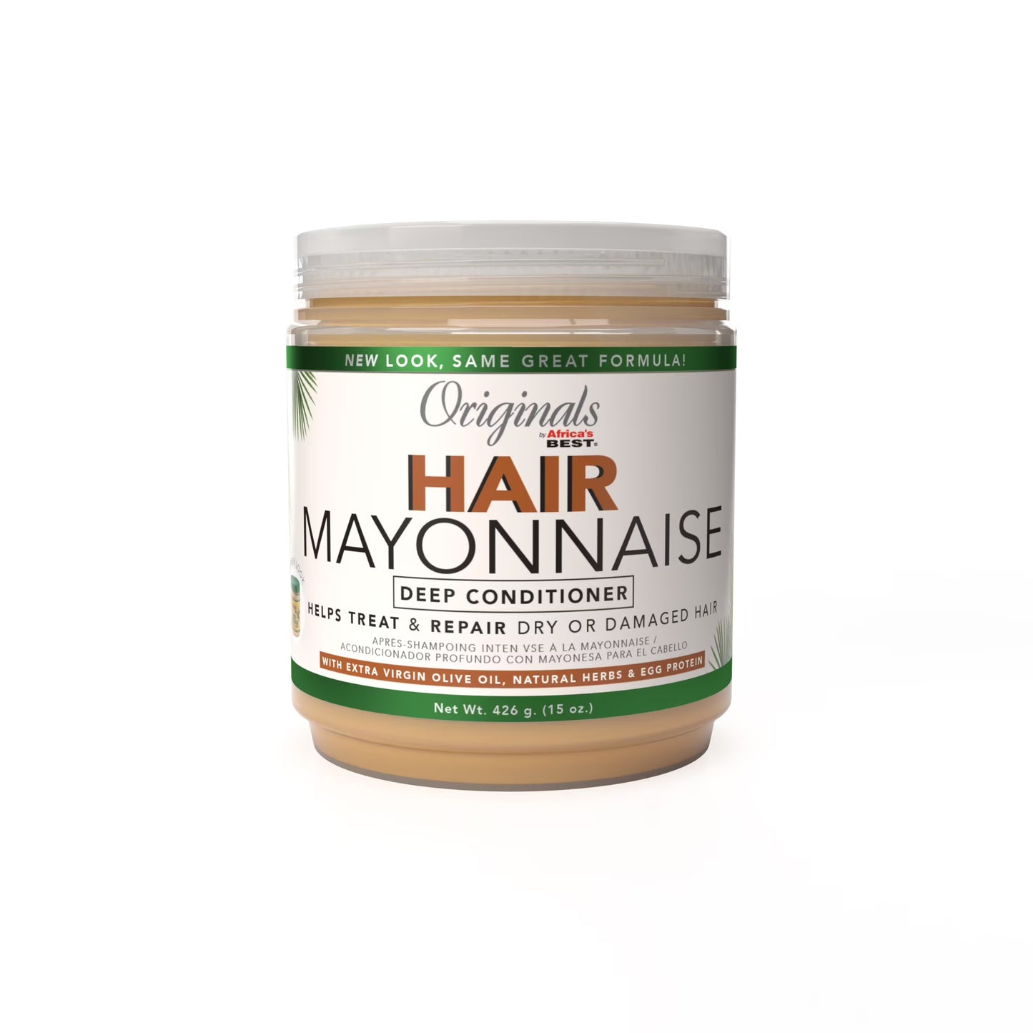 Africa’s Best Originals Hair Mayonnaise deep conditioner in a clear jar with beige cream and white lid