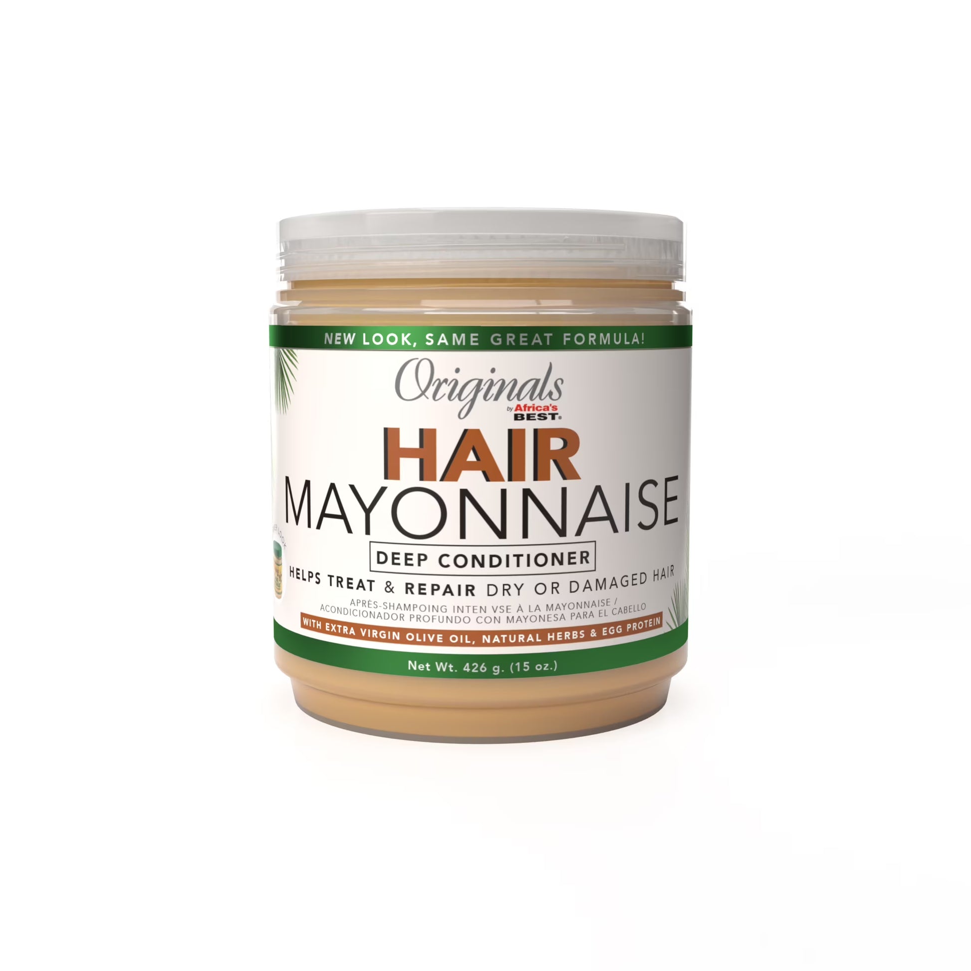 Africa’s Best Originals Hair Mayonnaise deep conditioner in a clear jar with beige cream and white lid