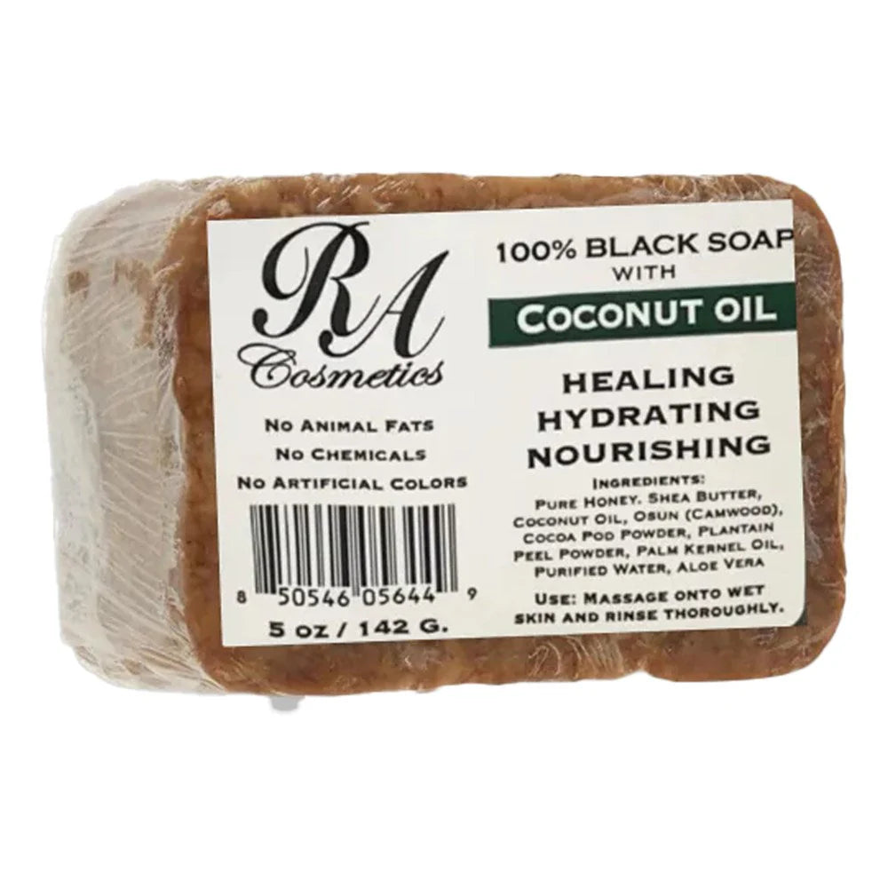 RA Cosmetics 100% Black Soap Coconut Oil 5oz is a natural African black soap infused with coconut oil, designed to deeply cleanse the skin and scalp while helping remove dirt, excess oil, and buildup. It helps moisturize and soften the skin while supporting a smoother, more refreshed, and healthy-looking complexion.
