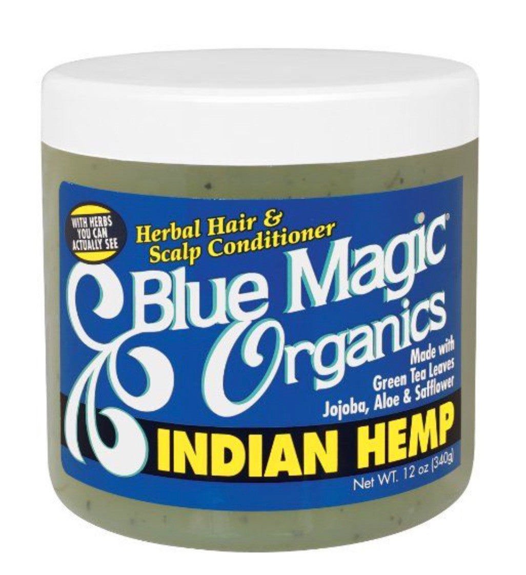 Blue Magic Indian Hemp Herbal Hair & Scalp Conditioner in a clear jar with green product and blue label