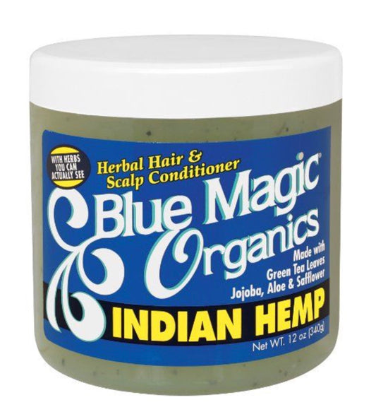 Blue Magic Indian Hemp Herbal Hair & Scalp Conditioner in a clear jar with green product and blue label