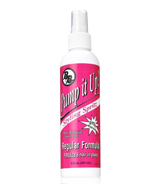 BB Pump It Up styling spritz regular formula in a white spray bottle with a pink label