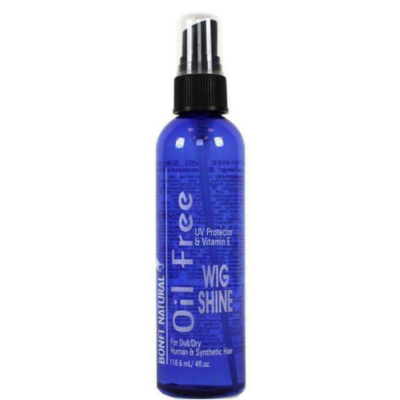 Bonfi Oil Free Wig Shine in a blue bottle with white label