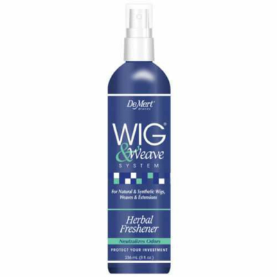 DeMert Wig and Weave Herbal Freshener in a blue spray bottle and a blue label featuring teal and white lettering
