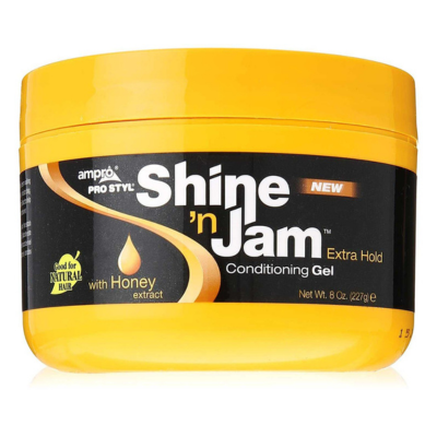 Ampro Shine 'n Jam Conditioning Gel Extra Hold 8oz in a yellow jar with a black label and white lettering. 