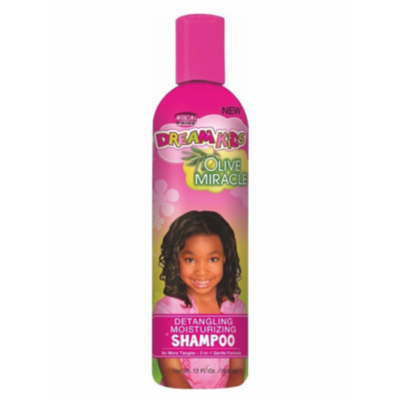 African Pride Detangling Moisturizing Shampoo 12oz a pink bottle and bold Dream Kids Olive Miracle text at the top.