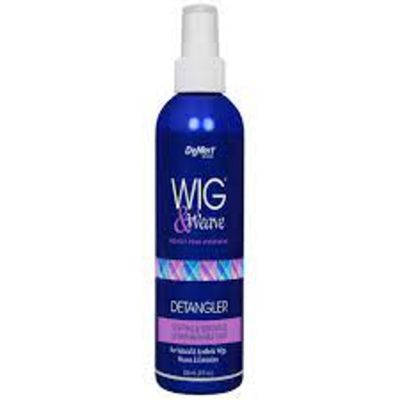 DeMert Wig and Weave Detangler in a blue bottle and a blue label featuring purple and white lettering