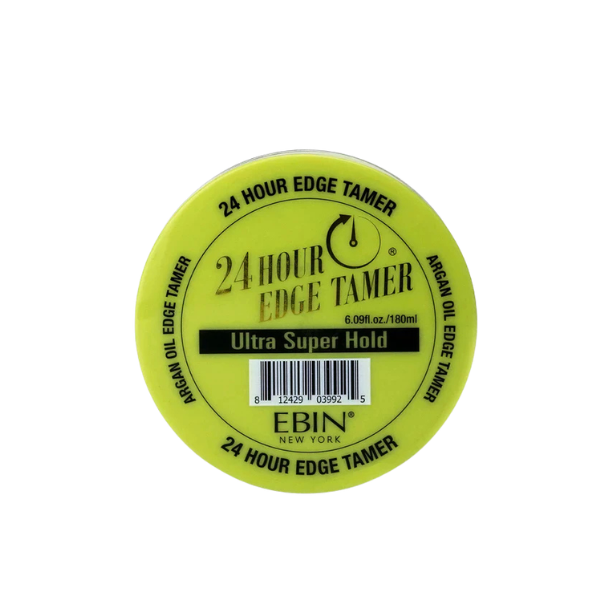 Ebin 24 Hour Edge Tamer Ultra Super Hold In a clear jar with a green lid and black script