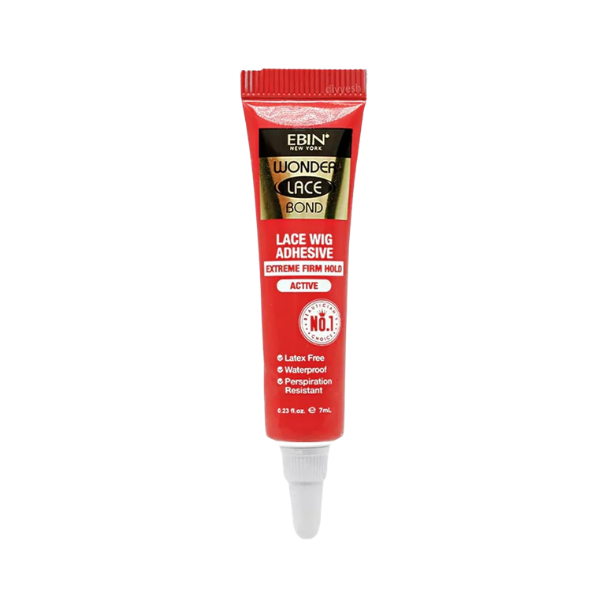 A tube of Ebin New York Wonder Lace Bond Active Tube in a red tube and white cap with black and gold packaging with a white script