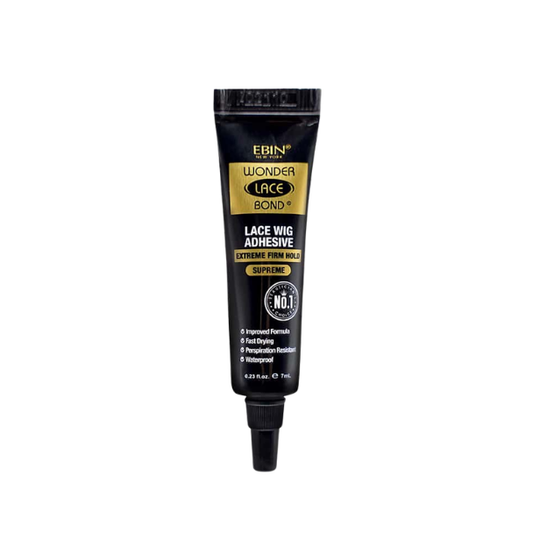 Ebin New York Wonder Lace Bond Tube Extreme Firm Hold Supreme in a black tube and black cap with gold labels and white text