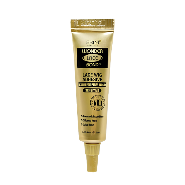 Ebin New York Wonder Lace Bond Tube Extreme Firm Hold Supreme in a gold tube and gold cap with black labels and black text