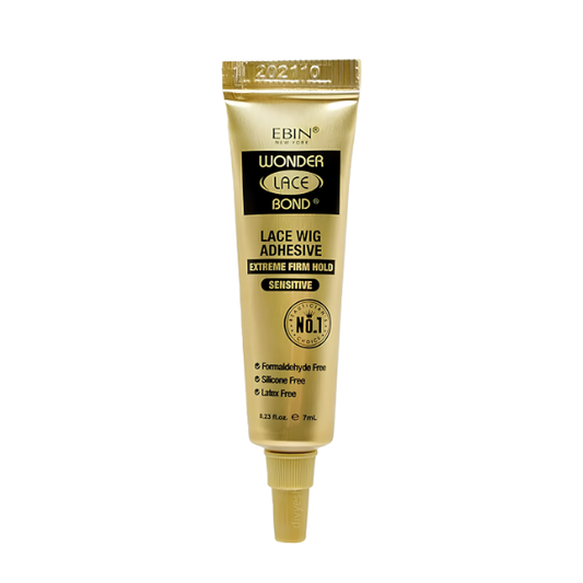 Ebin New York Wonder Lace Bond Tube Extreme Firm Hold Supreme in a gold tube and gold cap with black labels and black text