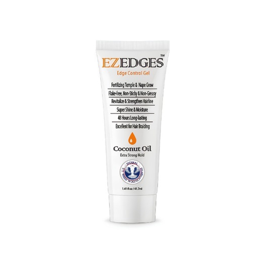 A tube of EzEdges Edge Control Coconut Oil in a white tube with orange, black and white packaging
