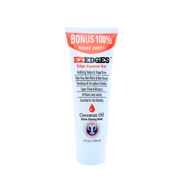 A tube of EzEdges Edge Control Coconut Oil in a white tube with orange, black and white packaging