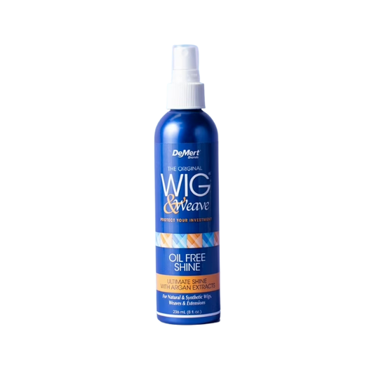 DeMert Wig and Weave Oil Free Shine in a blue bottle and a blue label featuring orange and white lettering