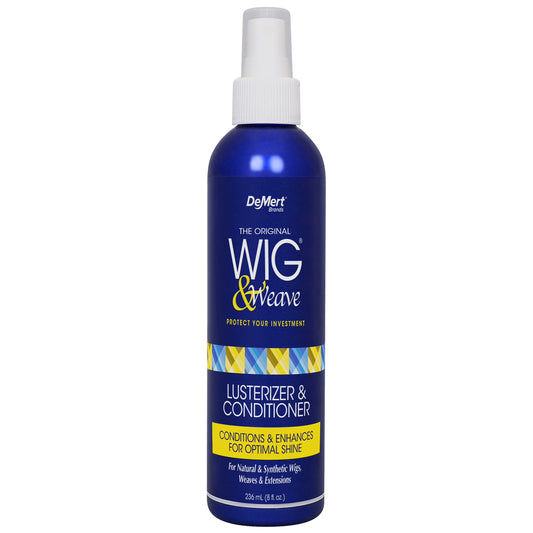DeMert Wig and Weave Lusterizer and Conditioner in a blue bottle and a blue label featuring yellow and white lettering