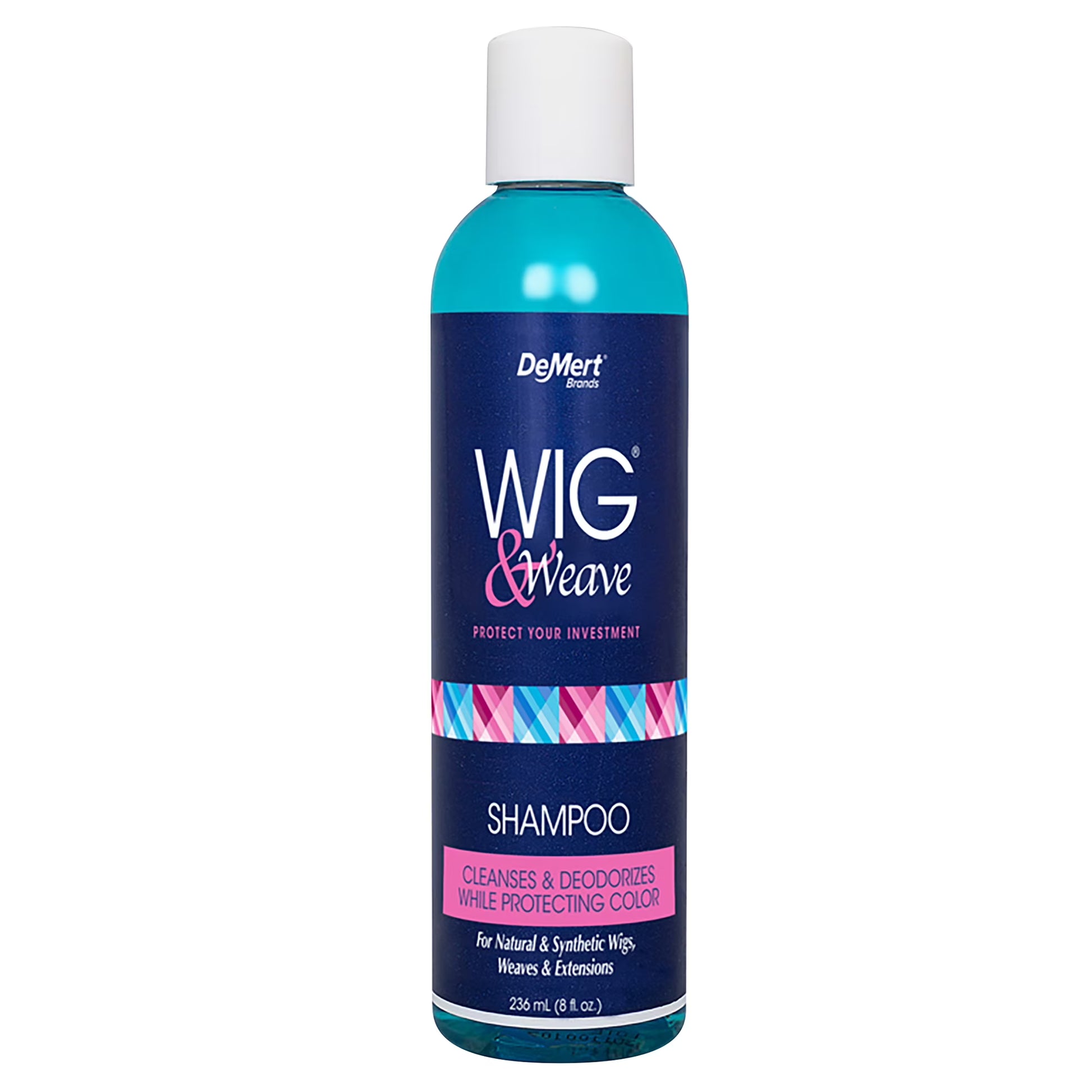 DeMert Wig and Weave Shampoo in a clear bottle with blue liquid and a blue label featuring pink and white lettering
