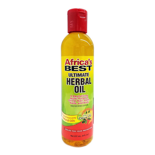 Africa’s Best Ultimate Herbal Oil in a clear bottle with yellow liquid, red cap, and green label for hair, skin, and nails