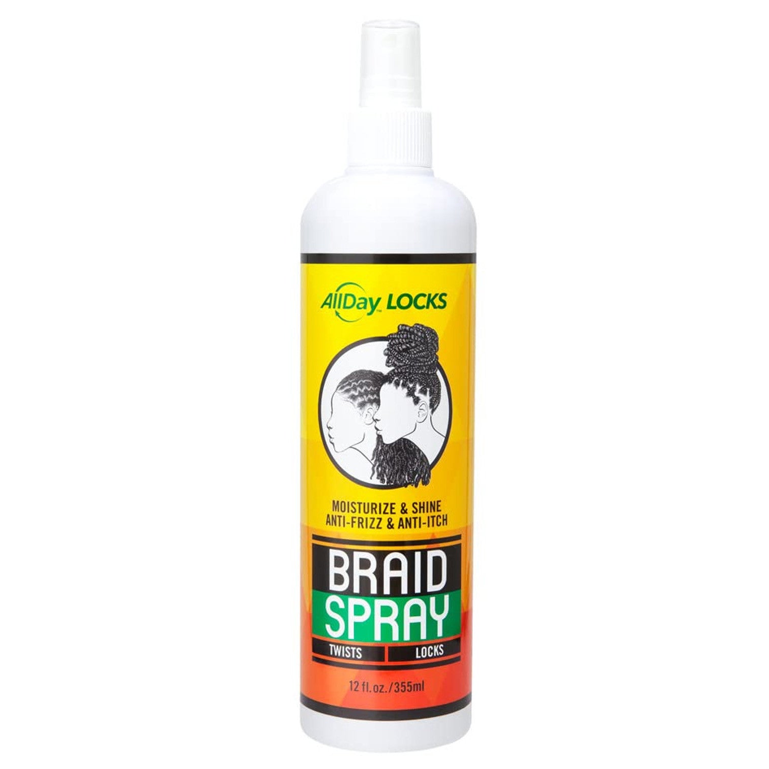 AllDay Locks Braid Spray 12oz in a white spray bottle with yellow, orange and white label.