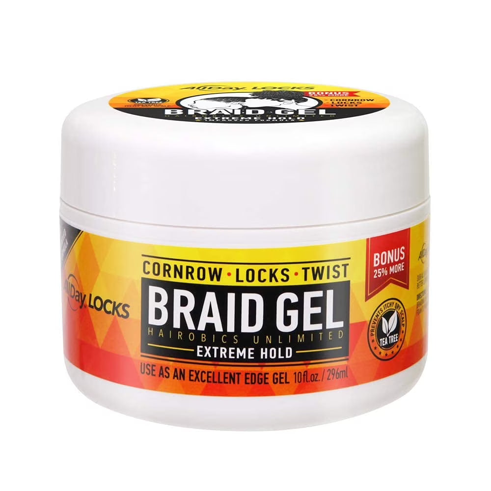 AllDay Locks Braid Gel Extreme Hold 10oz in a white jar with yellow, orange and white label.