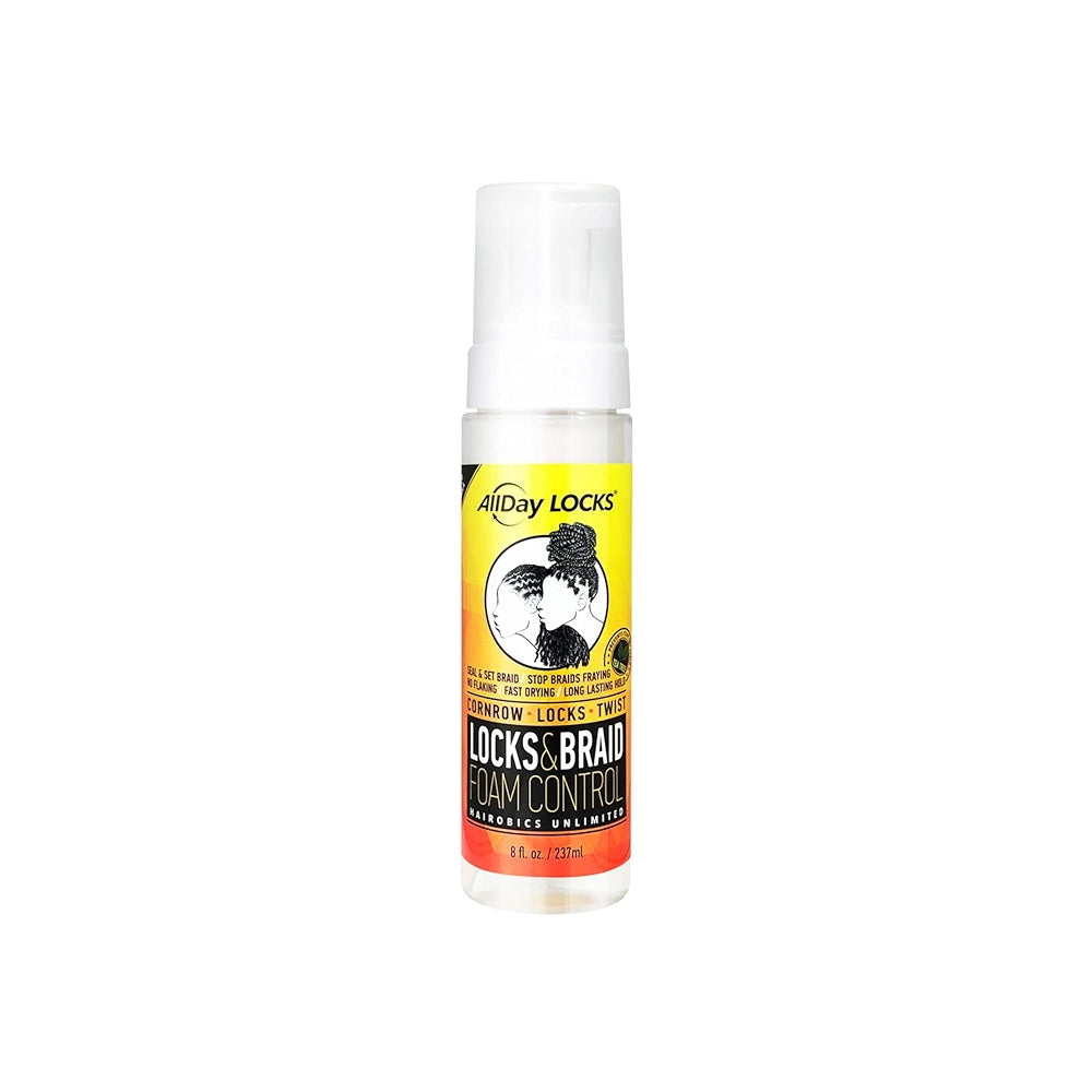 AllDay Locks & Braid Foam Control 8oz in a orange foaming pump bottle with yellow, black, and orange label.