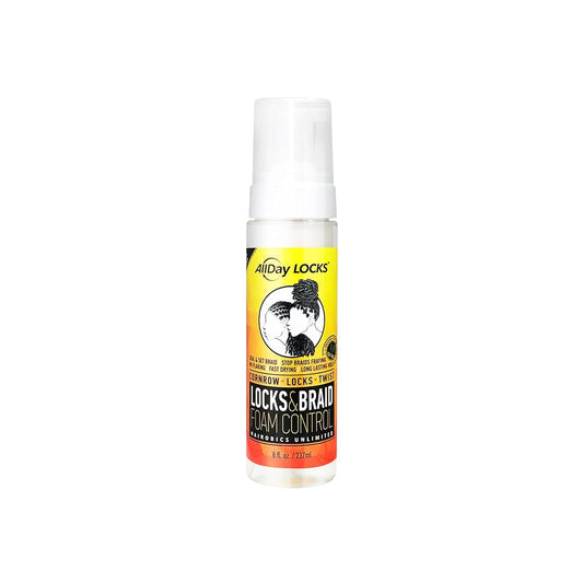 AllDay Locks & Braid Foam Control 8oz in a orange foaming pump bottle with yellow, black, and orange label.