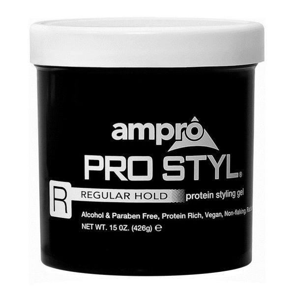 Ampro Pro Styl Regular Hold 15oz in a black jar with a white cap and white lettering. 