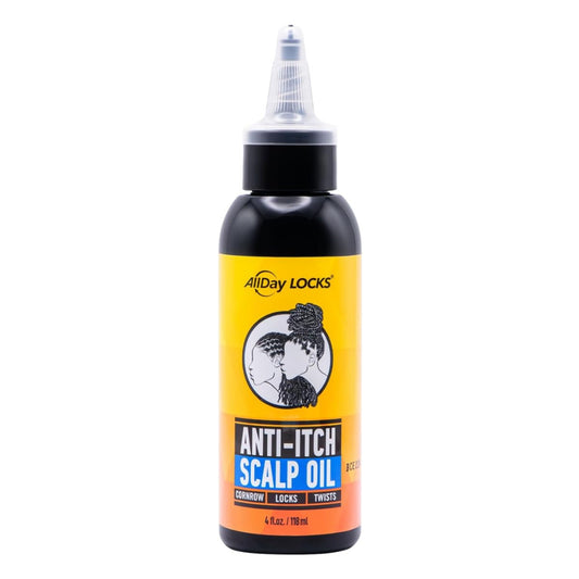 AllDay Locks Anti Itch Scalp Oil 4oz in a black bottle with yellow and orange label
