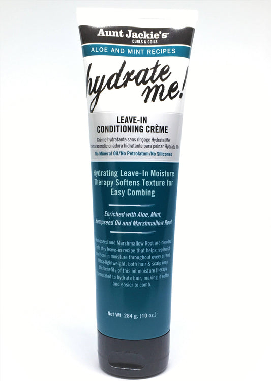 A tube of Aunt Jackie’s Aloe and Mint Hydrate Me Leave-In Conditioning Creme standing upright against a plain white background, featuring teal and white packaging with the product name “hydrate me” in large script and “leave-in conditioning creme” below it.