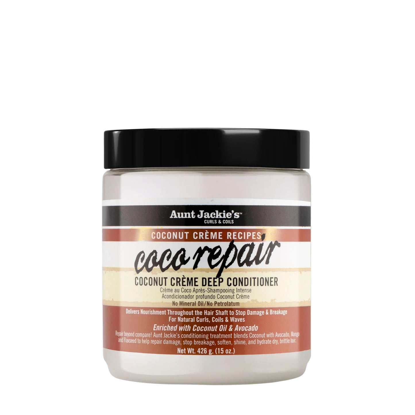 A jar of Aunt Jackie’s Coco Repair Coconut Creme Deep Conditioner 15oz standing upright against a plain white background, featuring brown and black packaging with the product name “Coco Repair” in large script and “Coconut Creme Deep Conditioner” below it.