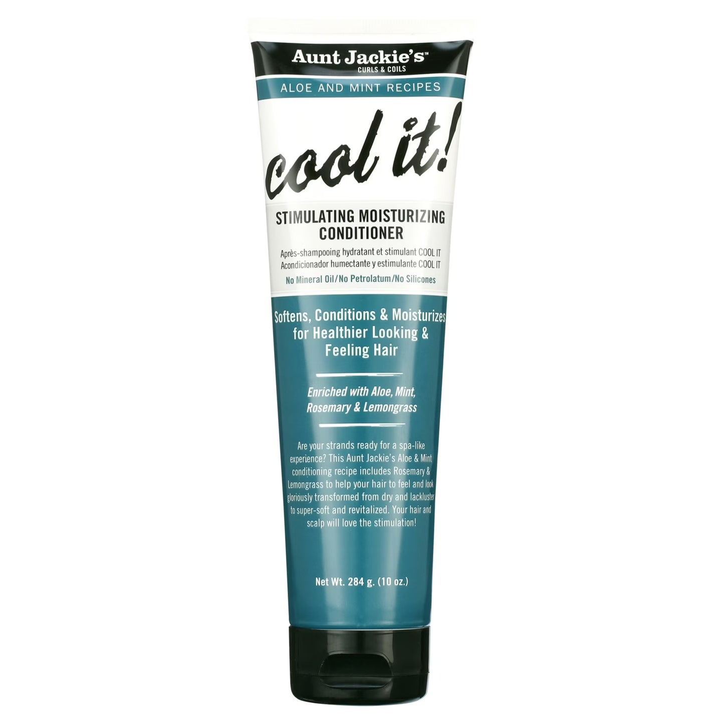 A bottle of Aunt Jackie’s Aloe & Mint Cool It Stimulating Conditioner 10 oz with a blue and white label, highlighting aloe and mint for scalp cooling, moisture, and detangling benefits.