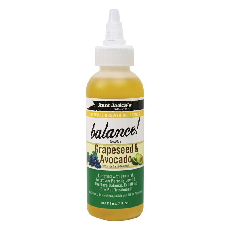 A bottle of Aunt Jackie’s Balance Grapeseed and Avocado Growth Oil 4oz standing upright against a plain white background, featuring green, white, and  black packaging with the product name “Balance" in large script and "Grapeseed & Avocado” below it.
