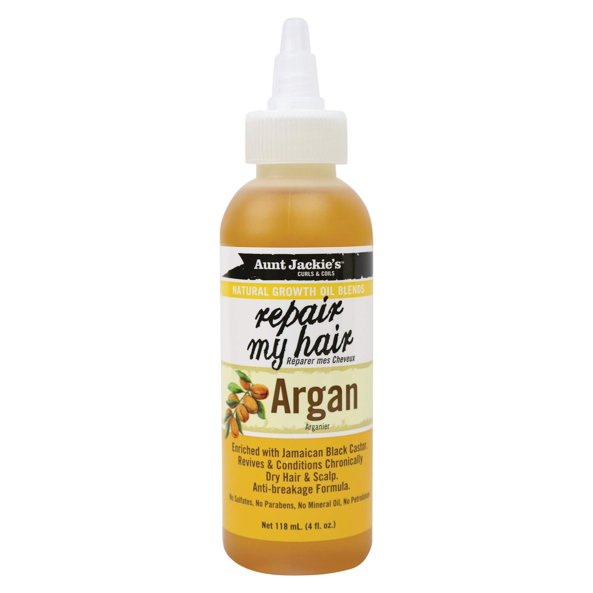 A bottle of Aunt Jackie’s Repair My Hair Argan Growth Oil 4oz standing upright against a plain white background, featuring orange, white, and  black packaging with the product name “Repair My Hair" in large script and "Argan” below it.