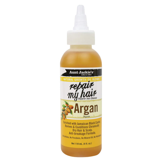 A bottle of Aunt Jackie’s Repair My Hair Argan Growth Oil 4oz standing upright against a plain white background, featuring orange, white, and  black packaging with the product name “Repair My Hair" in large script and "Argan” below it.