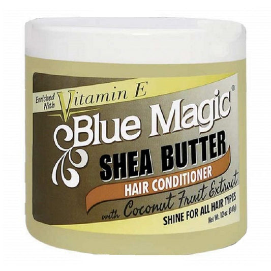 Blue Magic Shea Butter Hair Conditioner  in a clear jar with yellow product and brown label