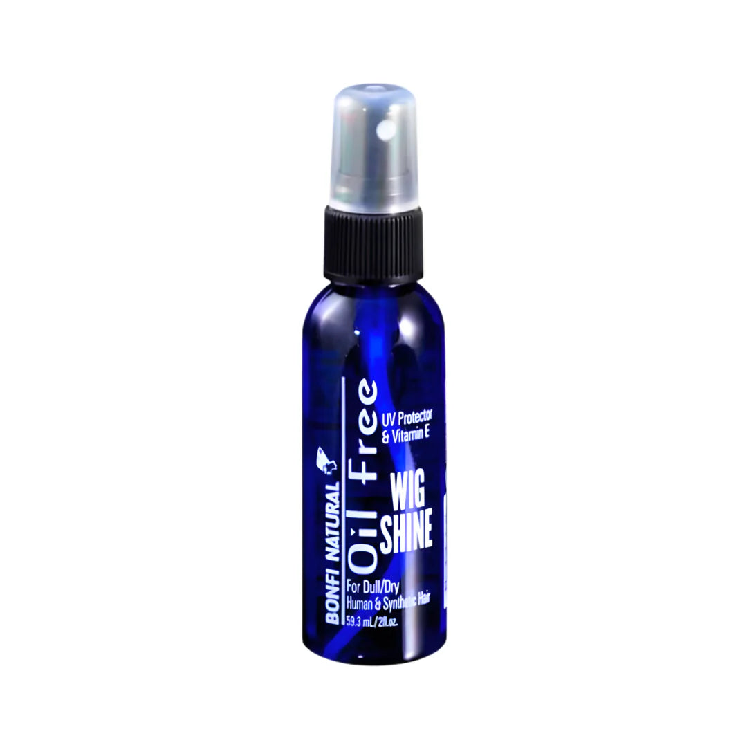 Bonfi Oil Free Wig Shine in a blue bottle with white label