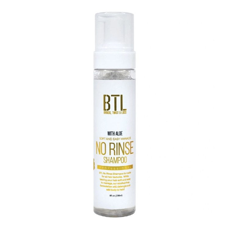 BTL No Rinse Shampoo in a clear foam pumping bottle with white label
