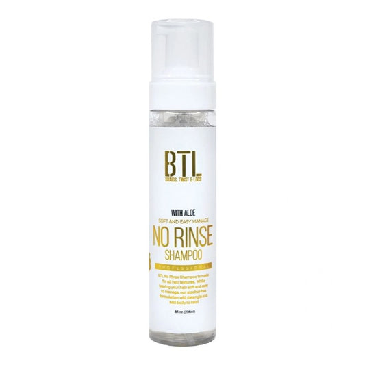 BTL No Rinse Shampoo in a clear foam pumping bottle with white label