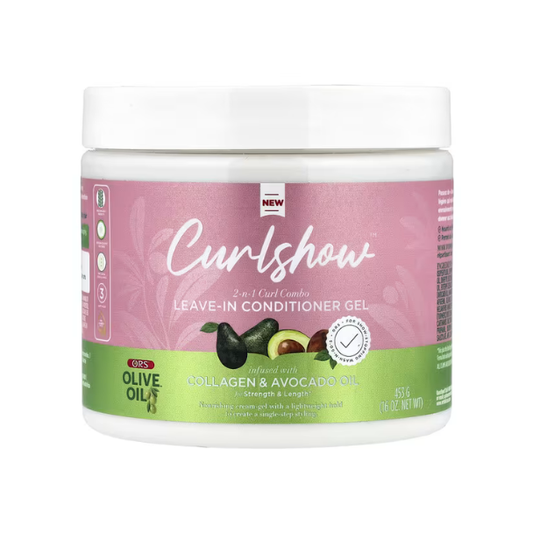 ORS Olive Oil CurlShow Leave-In Conditioner Gel 16oz, a curl-enhancing styling gel and leave-in formula designed to moisturize, define curls, reduce frizz, and provide soft hold with shine for natural-looking, bouncy curls.