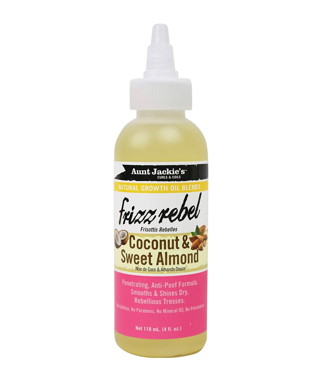 A bottle of Aunt Jackie’s Frizz Rebel Coconut and Sweet Almond 4oz standing upright against a plain white background, featuring pink, white, and  black packaging with the product name “Frizz Rebel" in large script and "Coconut & Sweet Almond” below it.