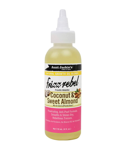 A bottle of Aunt Jackie’s Frizz Rebel Coconut and Sweet Almond 4oz standing upright against a plain white background, featuring pink, white, and  black packaging with the product name “Frizz Rebel" in large script and "Coconut & Sweet Almond” below it.