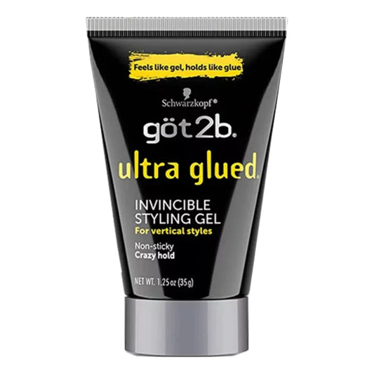 A black tube of Got2B Ultra Glued Invincible Styling Gel with black yellow and white labelling. This product is designed to style your hair in place all day.