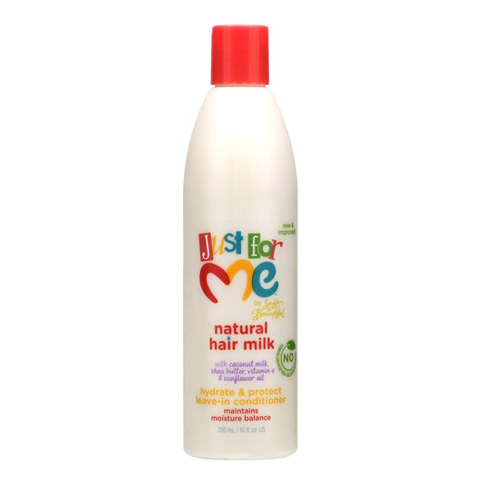 JUST FOR ME Natural Hair Milk Silkening Conditioner 
With a triple blend of shea butter, soymilk and honey, our Just for Me Hair Milk Silkening Conditioner features a new tug-free formula that offers better detangling and finger-through manageability than ever before. It moisturizes and strengthens all hair textures by protecting against dryness and breakage to ensure long-lasting conditioning. Ideal for kids with wavy / curly, or coily / kinky hair textures. Free of synthetic dyes, synthetic color, and min