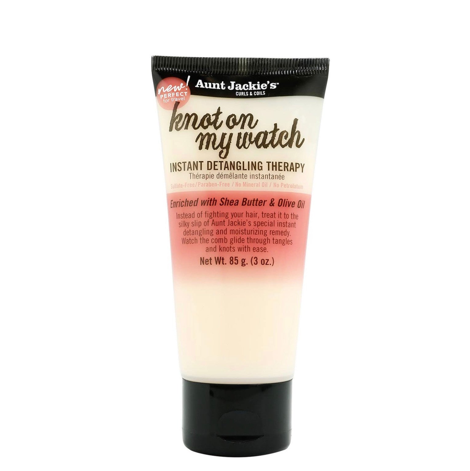 A tube of Aunt Jackie’s Knot on My Watch Instant Detangling Therapy 3oz standing upright against a plain white background, featuring pink and black packaging with the product name “Knot On My Watch" in large script and "Instant Detangling Therapy” below it.