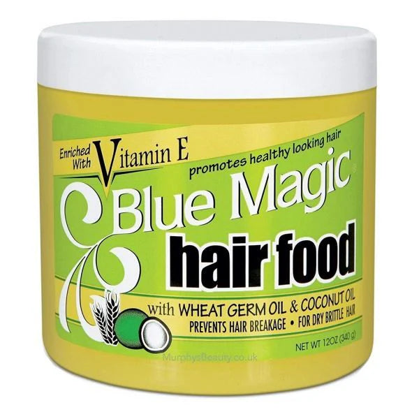 Blue Magic Hair Food in a clear jar with yellow product and green label