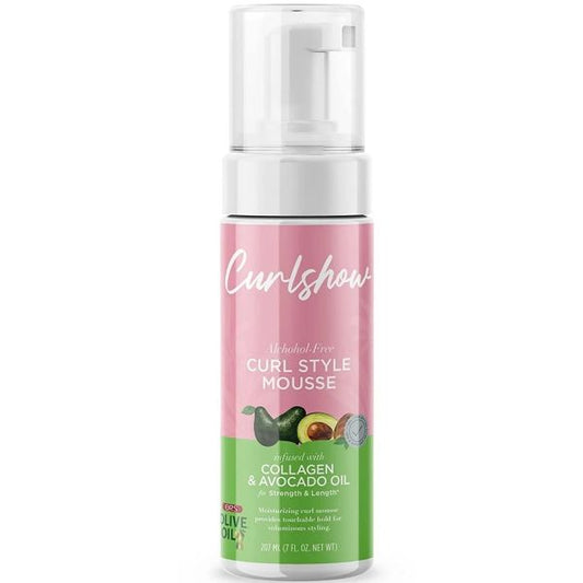 ORS CurlShow Curl Style Mousse 7oz lightweight styling mousse designed to define curls and waves, reduce frizz, and add volume and shine while keeping hair soft, bouncy, and naturally shaped.
